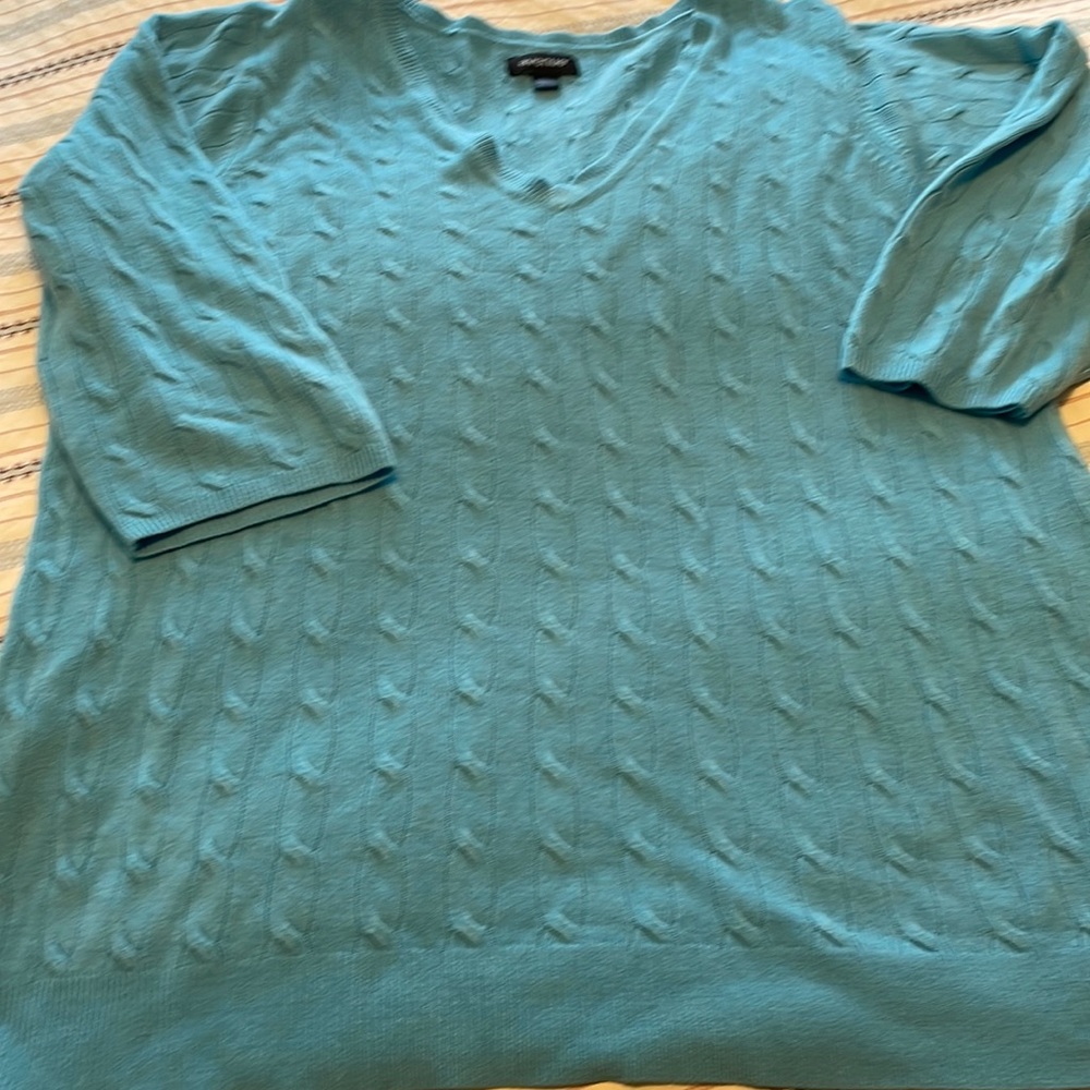 Avenue Cable Knit V-Neck Sweater - Aqua Blue - Size 22/24